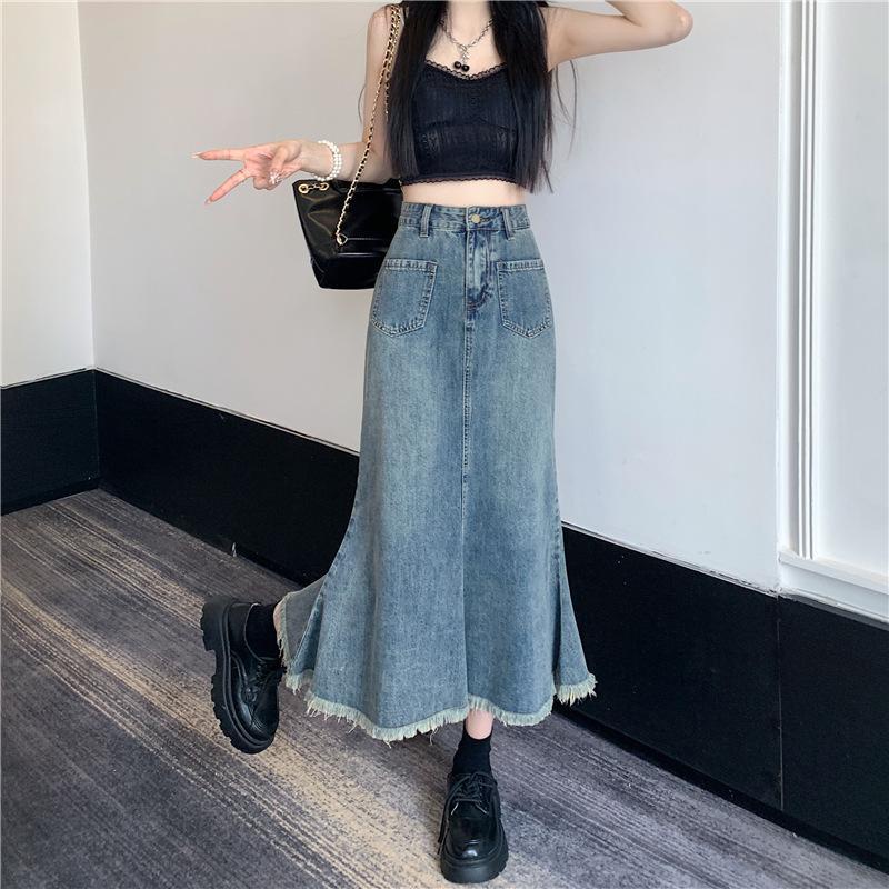 [LININ] Chân Váy Denim Đuôi Cá Dáng Chữ A Lưng Cao Phong Cách Retro Thời Trang Mùa Hè Dành Cho Nữ