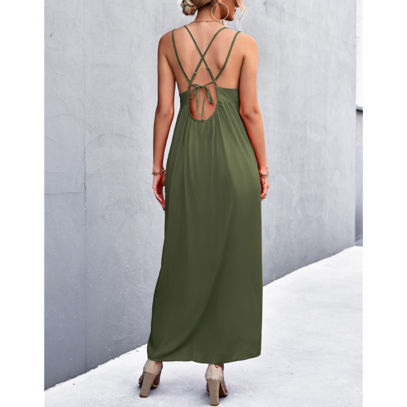 Đầm Dài Dáng Chữ A Hai Dây Cổ Chữ V Hở Lưng Xếp Ly Màu Trơn Thời Trang Đi Biển