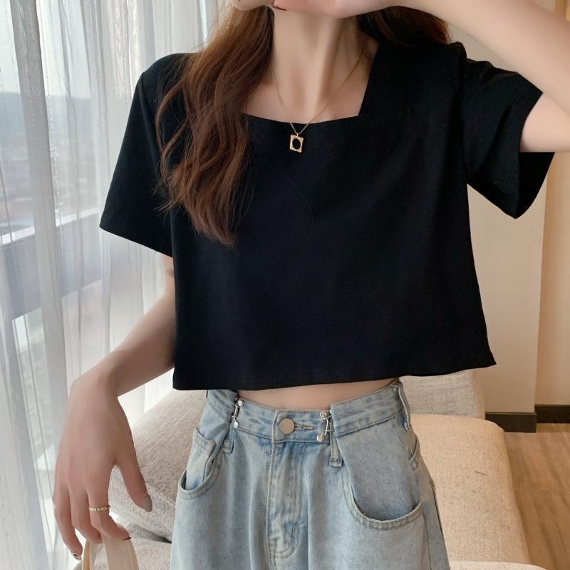 IELGY     Áo Croptop Tay Ngắn Cổ Vuông Dáng Rộng Màu Trắng Phong Cách Pháp Thời Trang Cho Nữ
