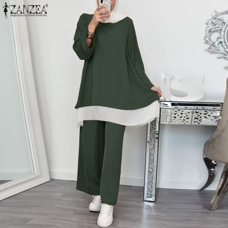 Zanzea Set Áo Dây Nữ Dài Tay Cổ Tròn + Quần Dài Ống Loe Thời Trang Nữ