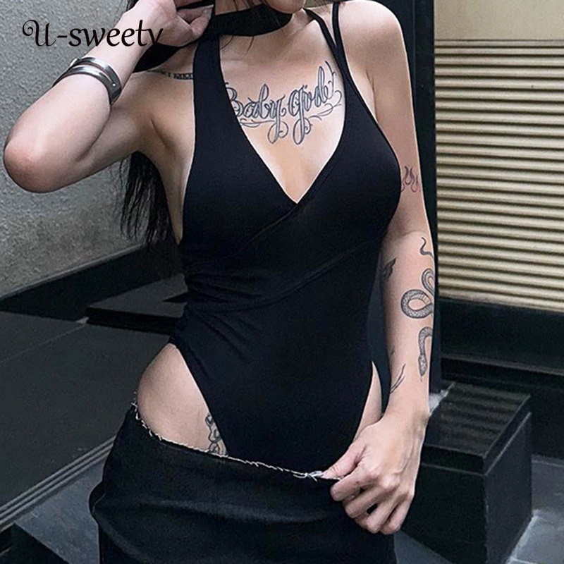 Bodysuit Không Tay Cổ Chữ V Màu Trơn Thời Trang Mới 2023 Cho Nữ