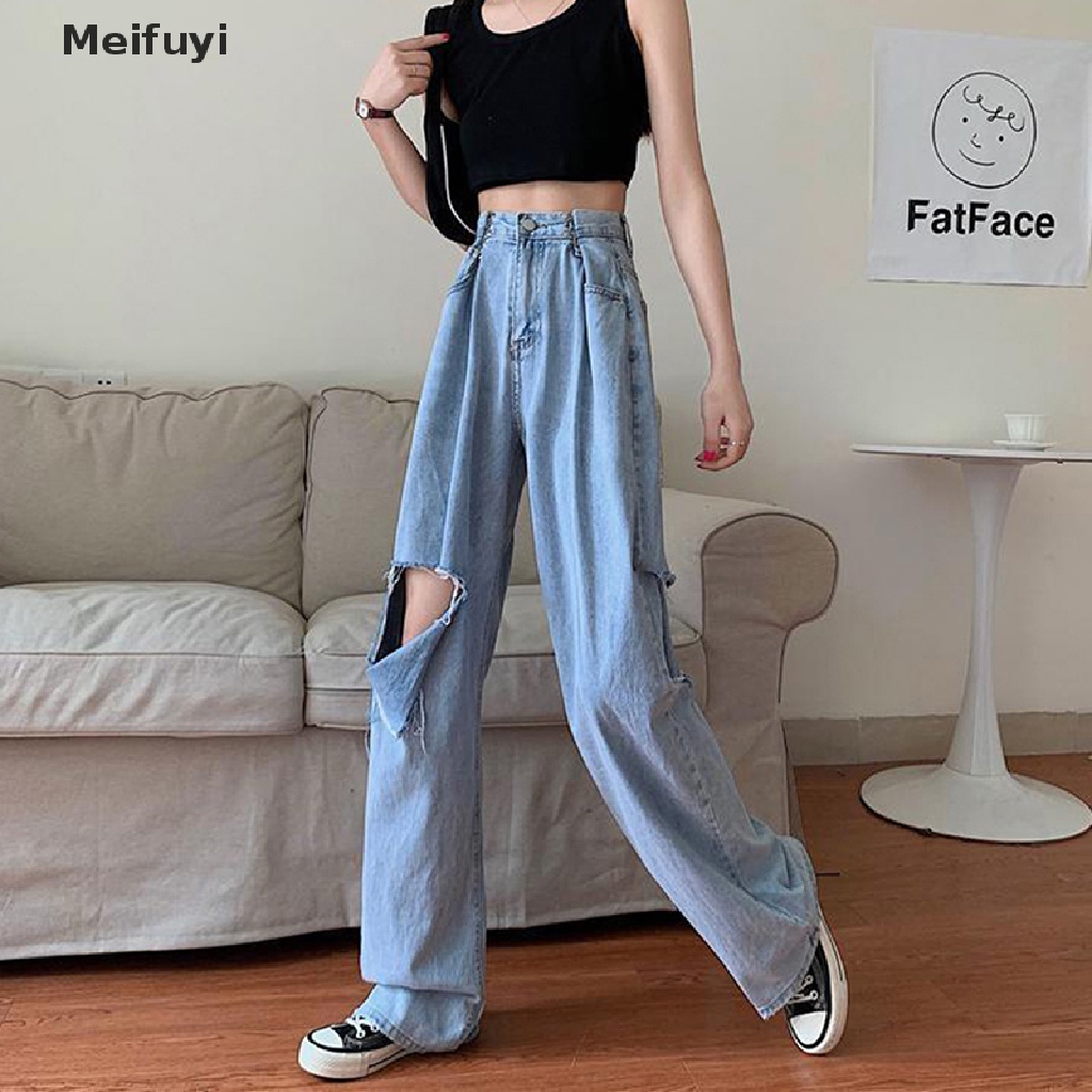 Quần Jean Ống Rộng Rách Gối Lưng Cao Thời Trang Mùa Hè Cho Nữ