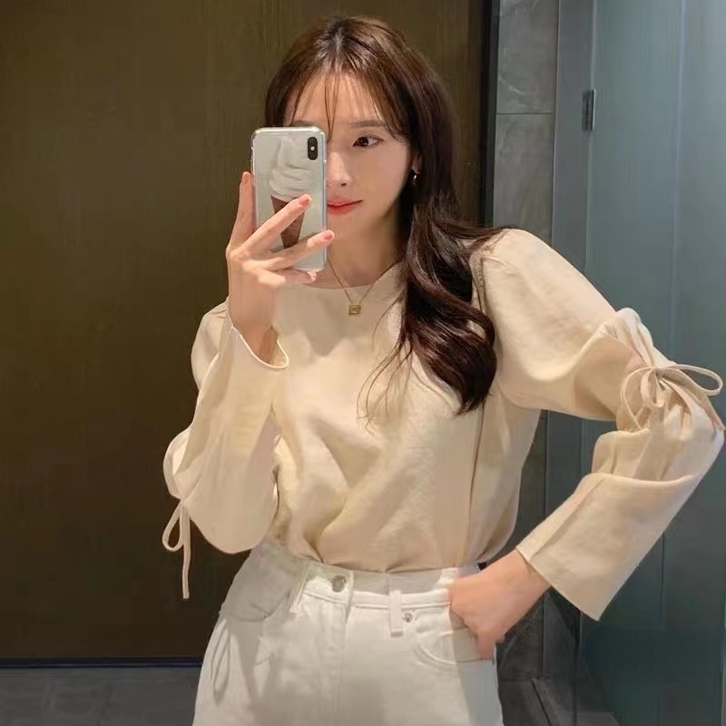 Áo Sơ Mi Nữ Tay Dài Cổ Tròn Màu Trơn Thời Trang Hàn Quốc Mới
