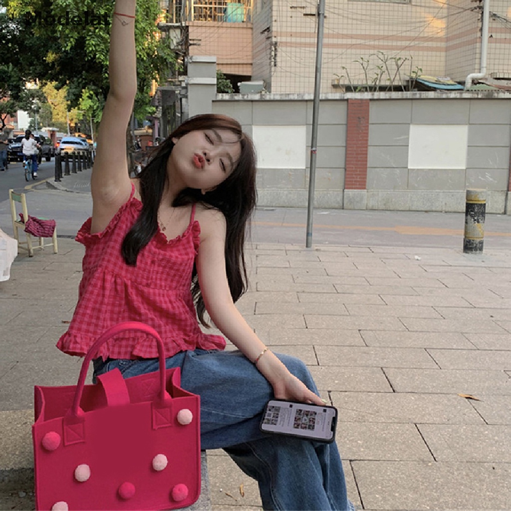 Mfc Áo Hai Dây Nhún Bèo Họa Tiết Sọc Caro Ngọt Ngào Thời Trang Đường Phố Cho Nữ Y2k WTD