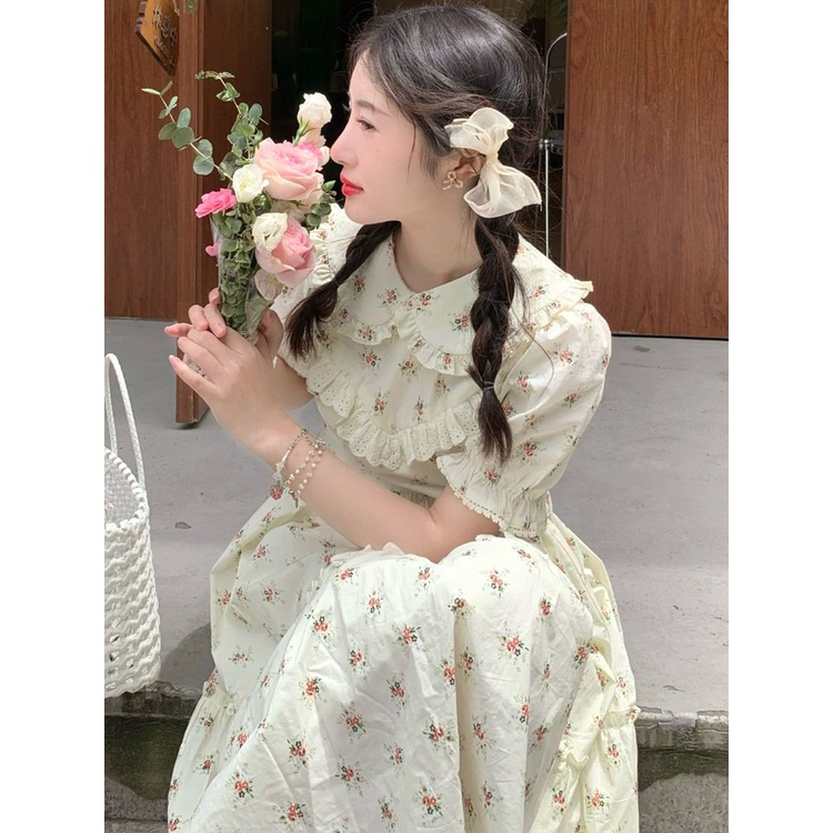 Đầm Midi Chữ A Cổ Búp Bê Màu Trơn In Hoa Thời Trang Mùa Hè Cho Bạn Gái