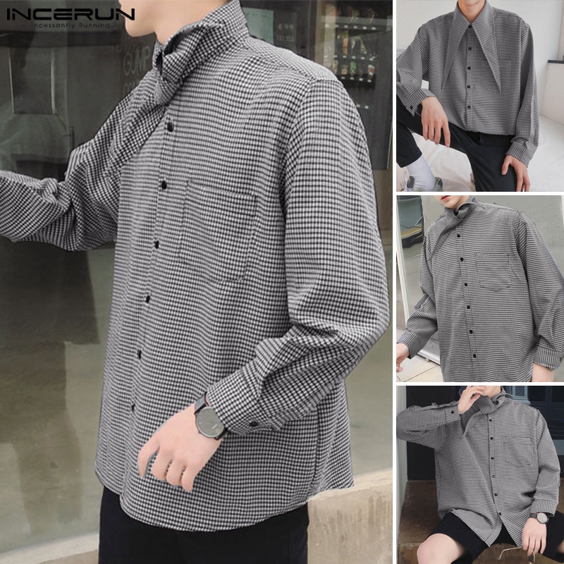 Áo sơ mi INCERUN tay dài họa tiết sọc caro cá tính trẻ trung cho nam