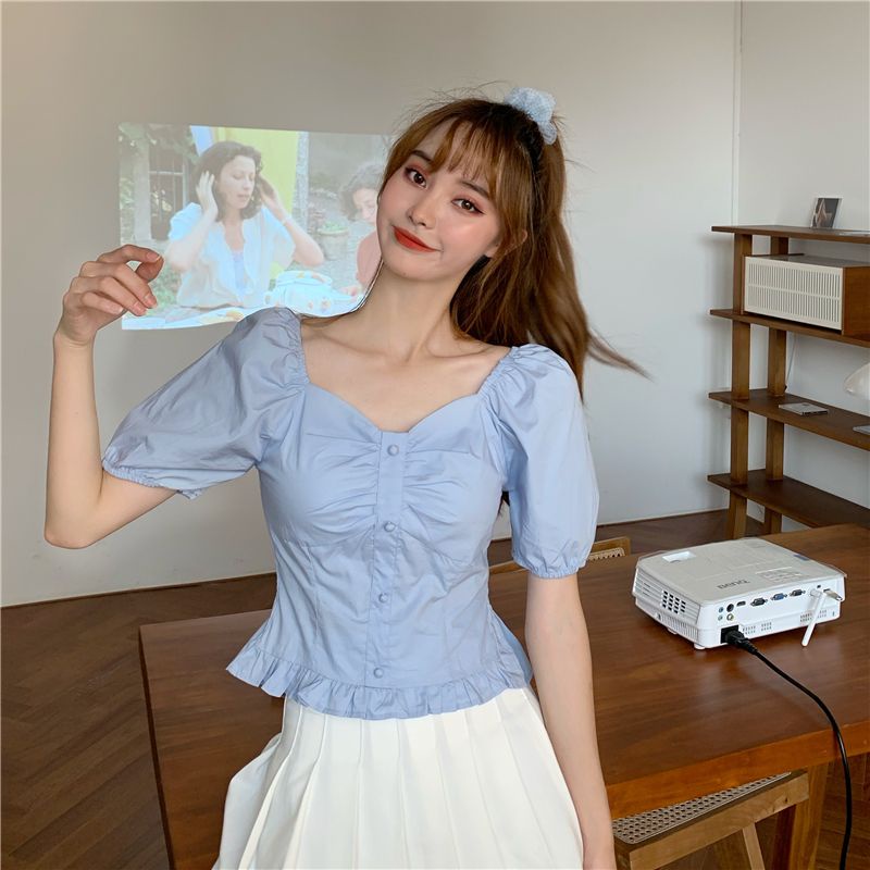 IELGY  Áo Kiểu Tay Phồng Cổ Vuông Phong Cách retro Thời Trang Cho Nữ