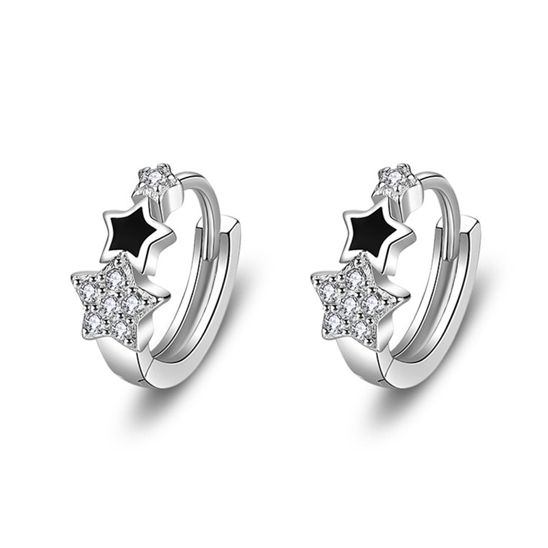 Khuyên Tai Tròn Mạ Bạc 925 Hình Ngôi Sao Đen Đính Đá Zircon Sang Trọng