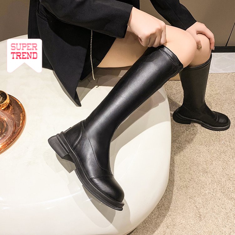 Bốt Cao Cổ Mũi Tròn Phối Khóa Kéo Sau Phong Cách Retro Giản Dị Thời Trang