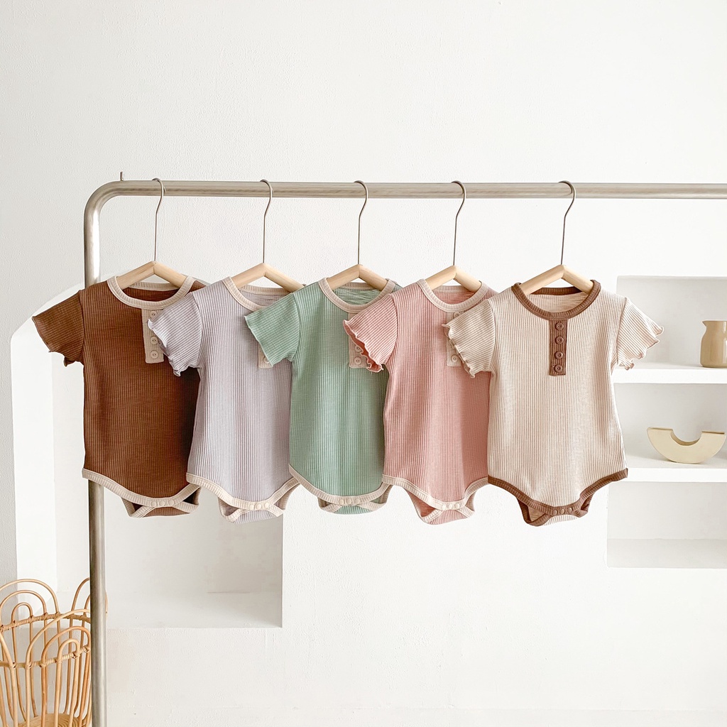 Bộ Đồ Ngủ Áo Liền Quần Tay Ngắn Bằng Vải Cotton Màu Sắc Trơn Dành Cho Bé Trai Bé Gái