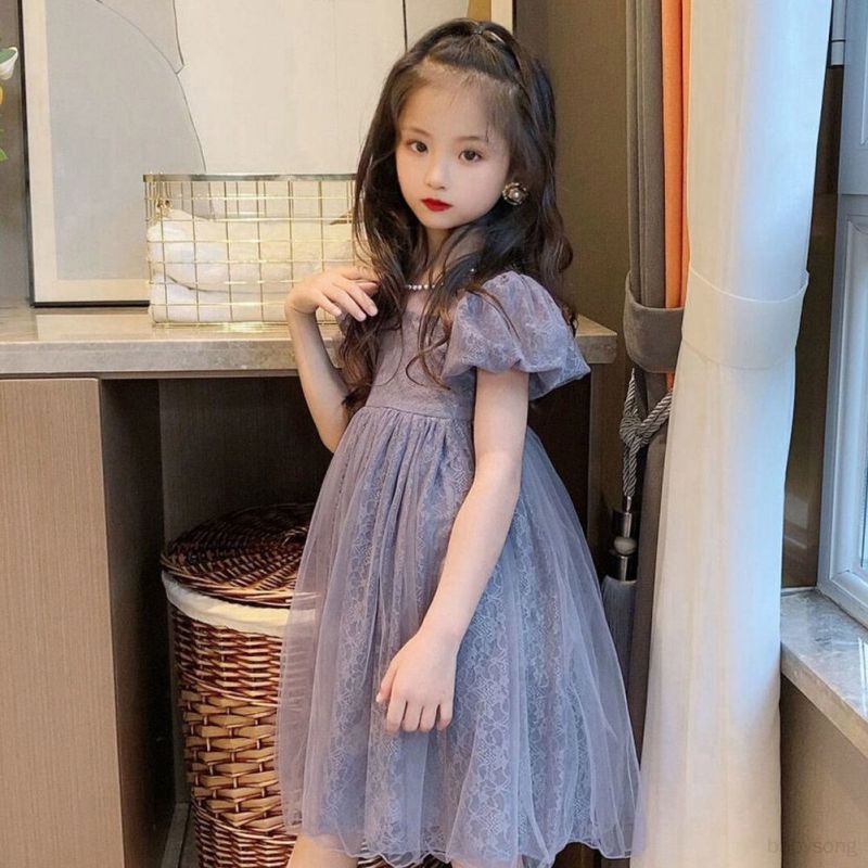 Đầm Công Chúa Tay Phồng Đính Nơ 1 Màu Dễ Thương Thời Trang Mùa Hè Cho Bé Gái 5 Kích Cỡ