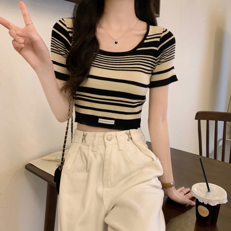 Áo Thun Ngắn Tay Họa Tiết Kẻ Sọc Thời Trang Mùa Hè Hàn Quốc Mới 2023 Dành Cho Bạn Nữ