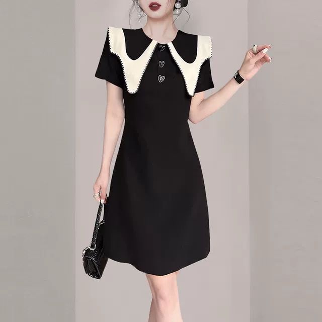 Đầm Tay Ngắn Cổ Búp Bê Màu Tương Phản Phong Cách Pháp Thời Trang Mùa Hè Cho Nữ