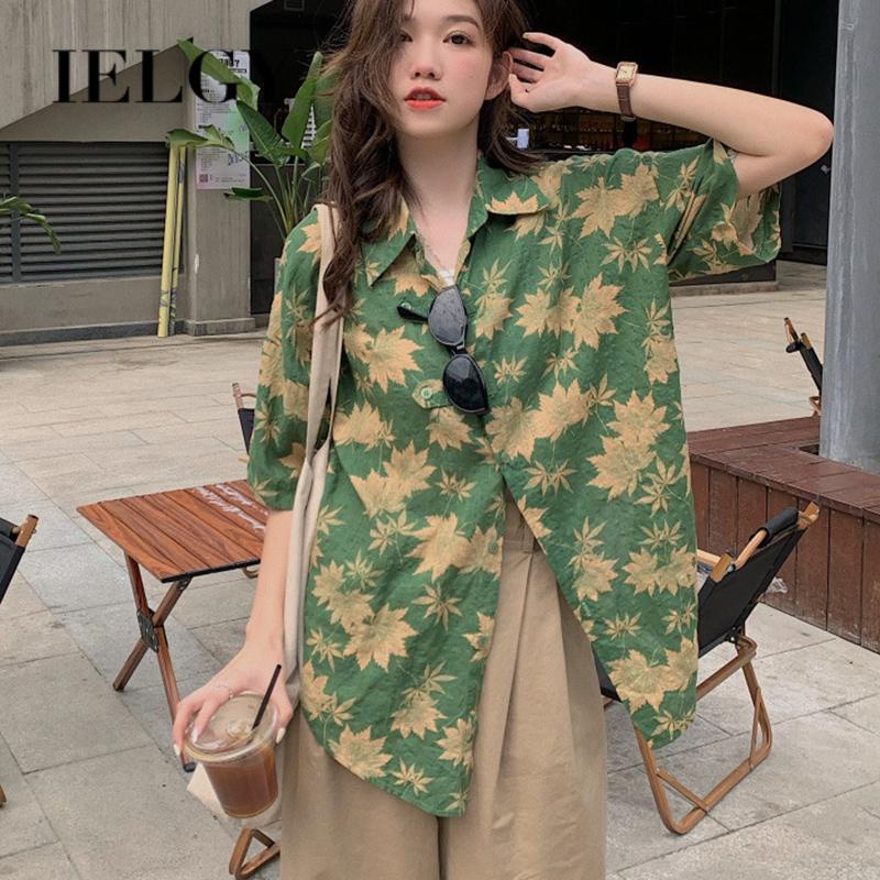 IELGY Áo Sơ Mi Ngắn Tay Dáng Rộng Họa Tiết Hoa Phong Cách hong kong Cổ Điển Thời Trang Cho Nữ