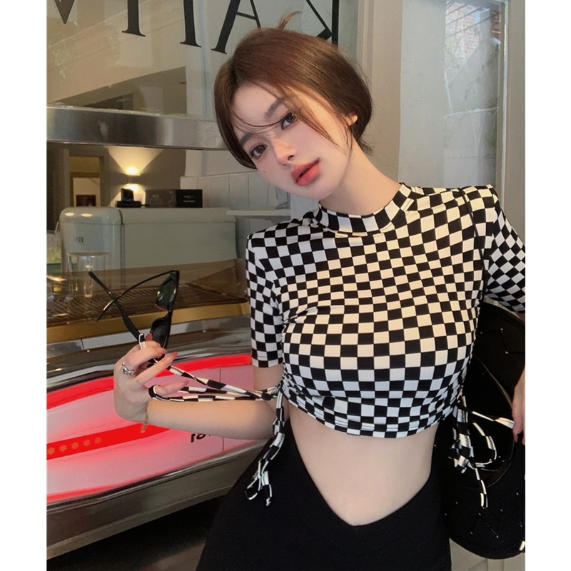 Áo Croptop Ngắn Tay Họa Tiết Ca Rô Thời Trang Dành Cho Nữ