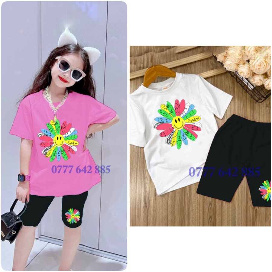 Bộ lững quần đen bé gái in hoa bảy sắc cầu vòng cho bé từ 18- 48Kg HEBIKIDS