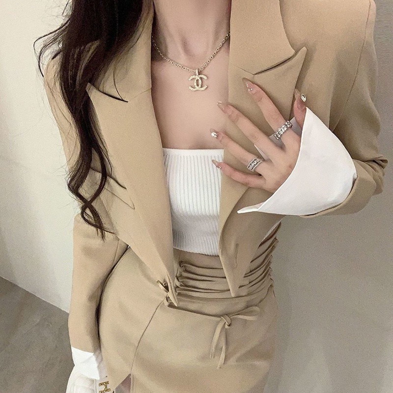 IELGY   Bộ Áo Khoác Vest Nhỏ Ghép Nối Phong Cách Hàn Quốc Kèm Chân Váy Dây Rút Phong Cách Nước Ngoài [Đặt Hàng Riêng Biệt