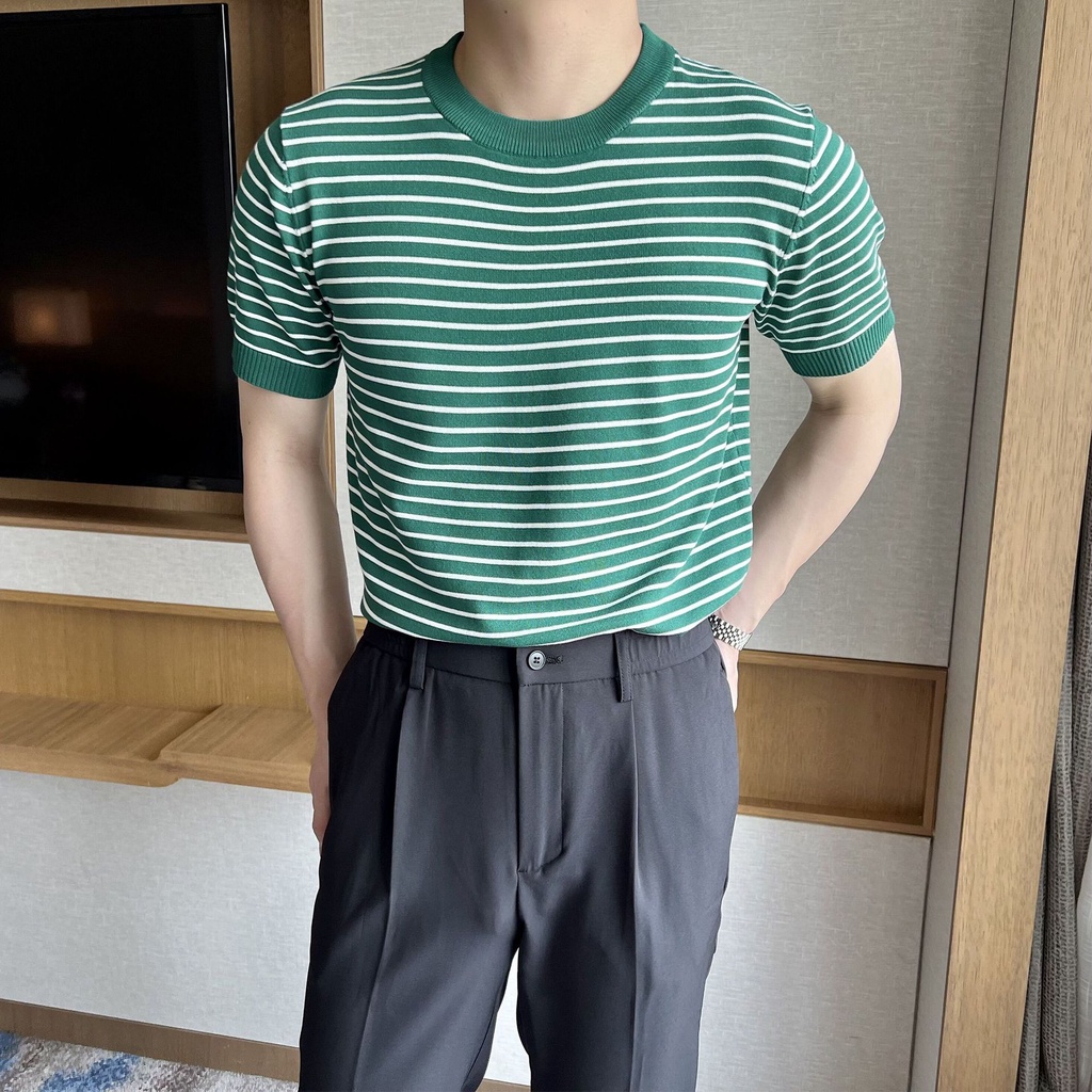 Áo Thun Lụa Lạnh Dệt Kim Tay Ngắn Cổ Tròn Kẻ Sọc Thoáng Khí Thời Trang Mùa Hè 2023 Mới Cho Nam