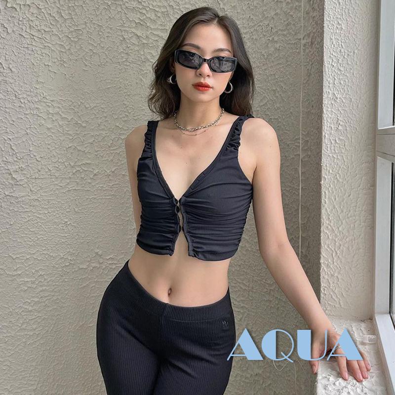 Anana Áo Croptop Không Tay Màu Trơn Khóa Móc Trước Ôm Dáng Cho Nữ