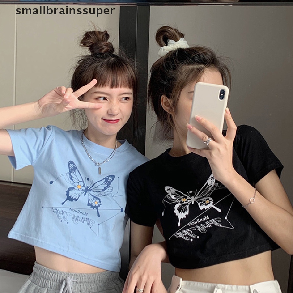 Áo Thun Croptop Tay Ngắn Cổ Tròn Dáng Ôm In Họa Tiết Bướm Thời Trang Mùa Hè Xinh Xắn Cho Nữ