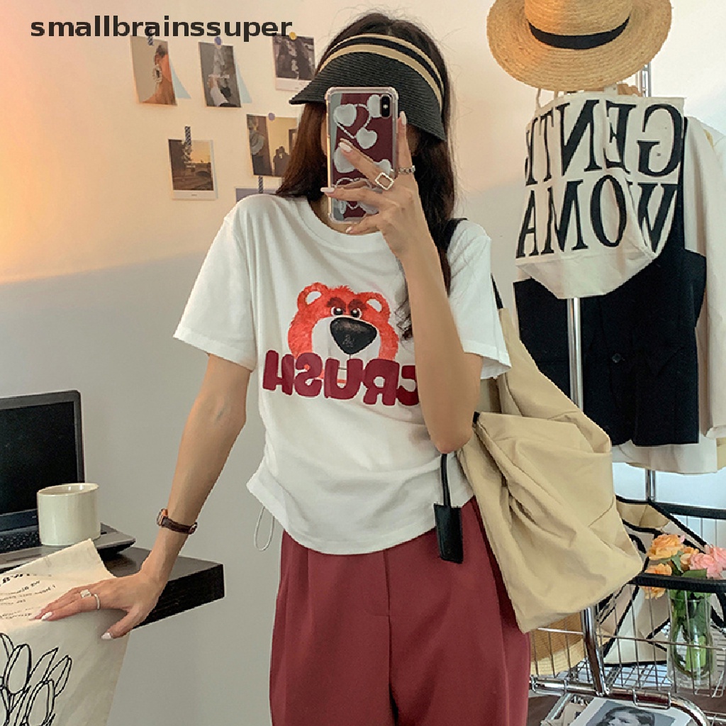 Áo Thun Tay Ngắn Cổ Tròn In Hình Gấu Phối Dây Rút Thời Trang Mùa Hè Cho Nữ