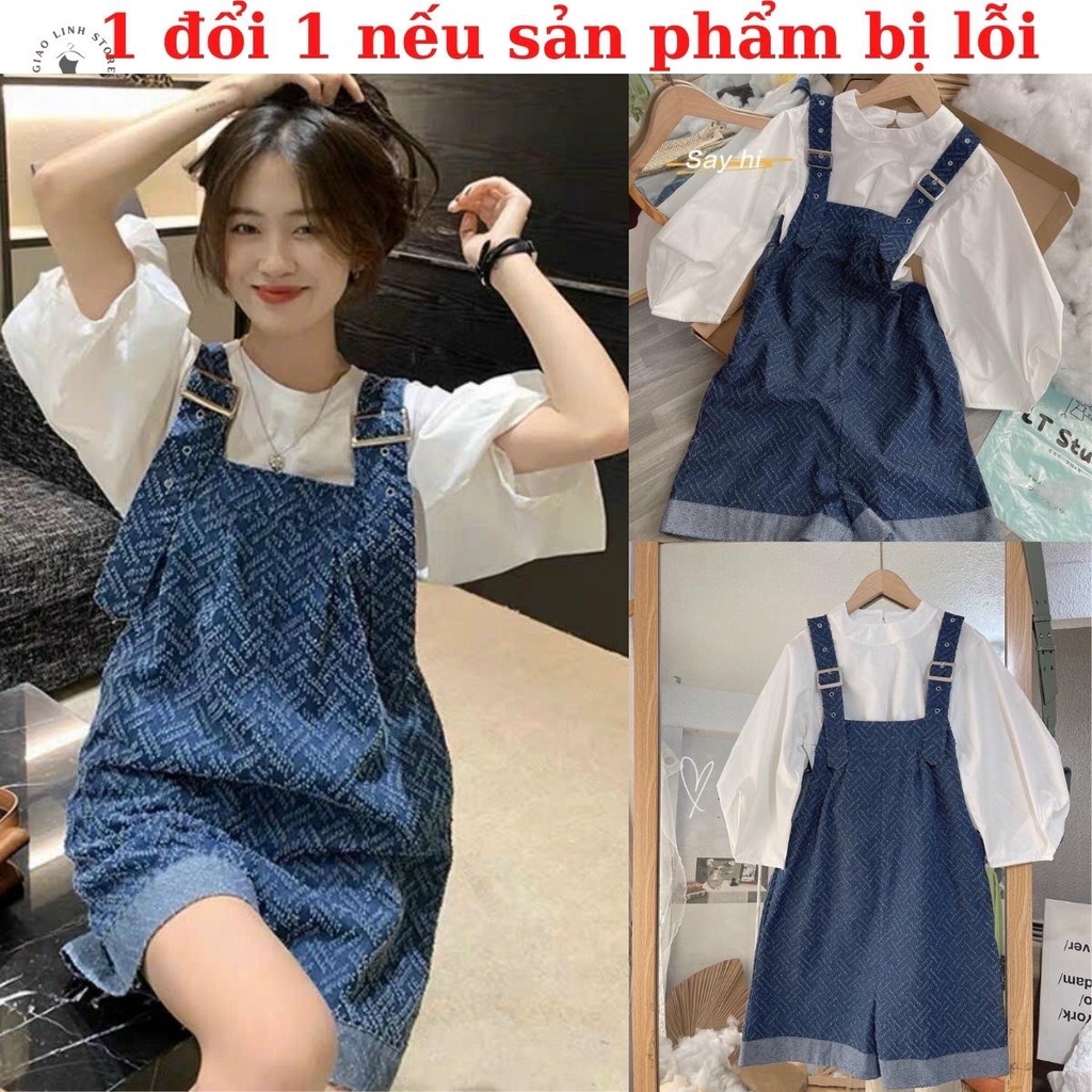 Set quần yếm jean nữ có túi 2 bên dài trên gối có tăng giảm kèm áo trắng tay ngắn cổ tròn
