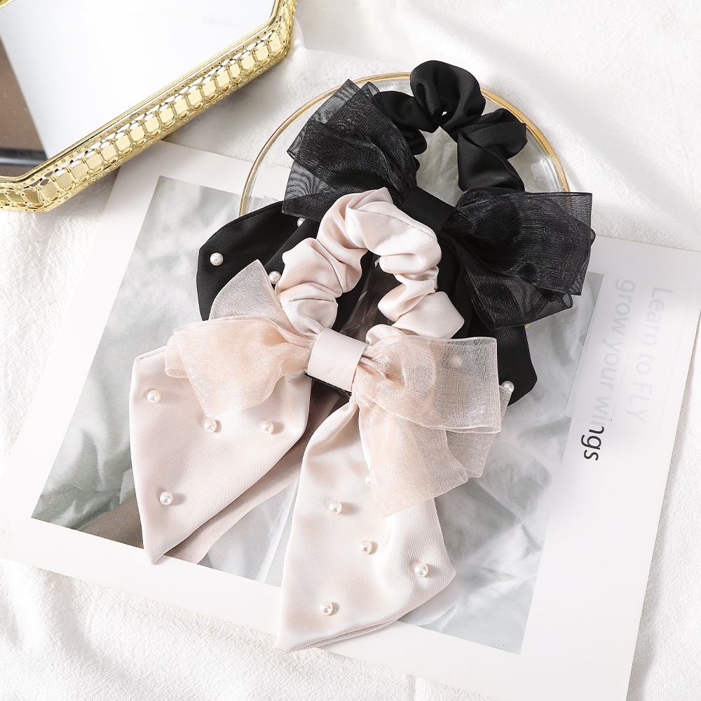 Haimeikang Dây Buộc Tóc Đính Nơ Lưới Ngọc Trai Cỡ Lớn Mới