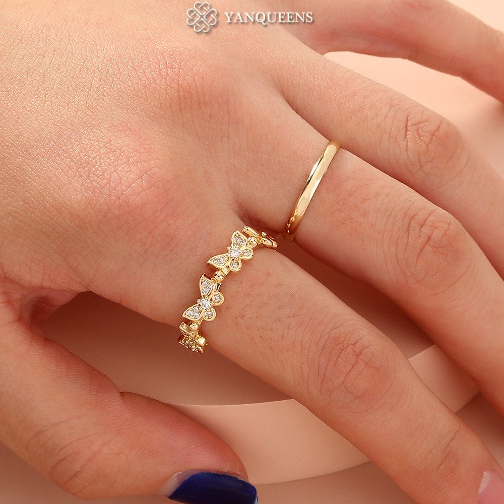 2 Nhẫn Yanqueens mặt bướm đính kim cương đơn giản thời trang làm quà tặng