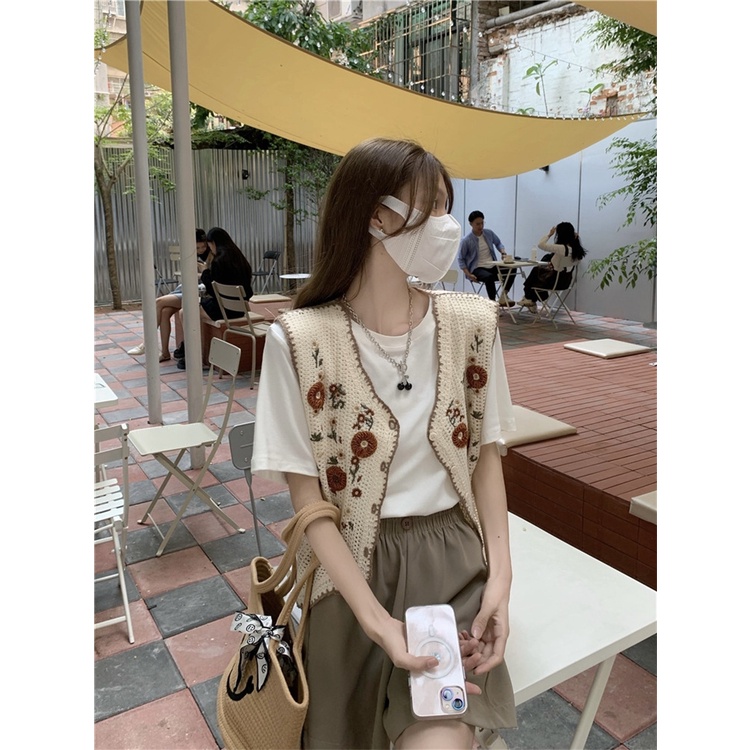Áo Sweater Dệt Kim Sát Nách Thêu Họa Tiết Dân Tộc 2 Màu Tùy Chọn