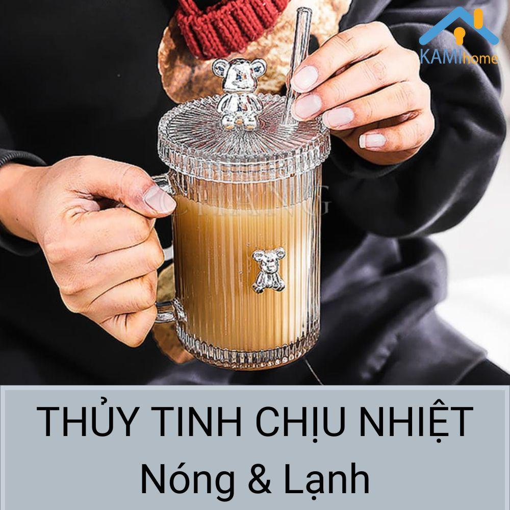 Ly thủy tinh vân xếp ly có Quai + Nắp gấu + Ống hút 400ml - Bảo hành bể vỡ mã 22085