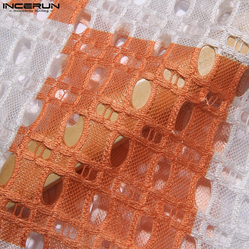 INCERUN Áo Thun Tay Ngắn Họa Tiết Khối Màu Cá Tính Thời Trang Cho Nam