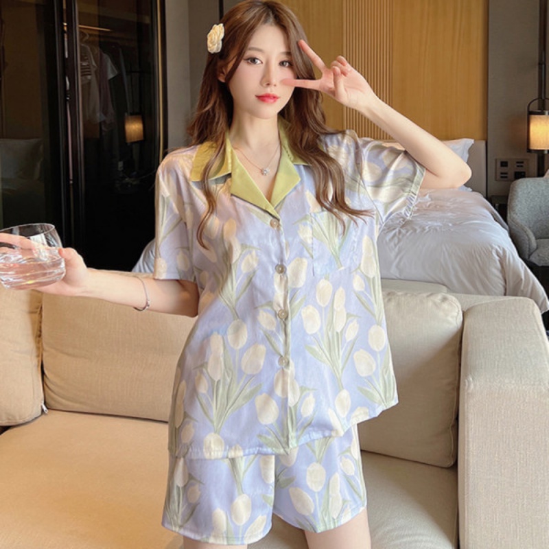 Bộ Đồ Ngủ Ngắn Tay Bằng Lụa Họa Tiết Tranh Sơn Dầu Hình Hoa Tulip La238