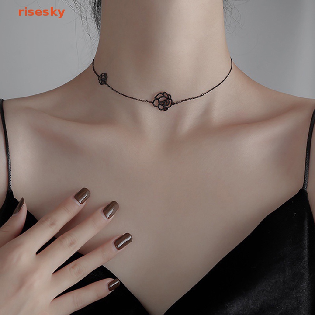 [risesky] Vòng Cổ Choker Ngắn Hình Hoa Hồng Đen Phong Cách Gothic Hàn Quốc Thích Hợp Làm Quà Tặng