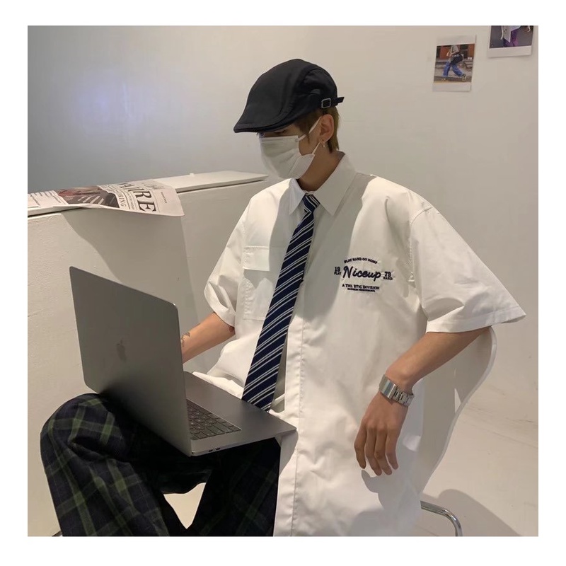 Áo Sơ Mi Ngắn Tay Thêu Chữ Đơn Giản Phong Cách Nhật Bản Thời Trang Mùa Hè 2023 Dành Cho Cặp Đôi [M-2XL]