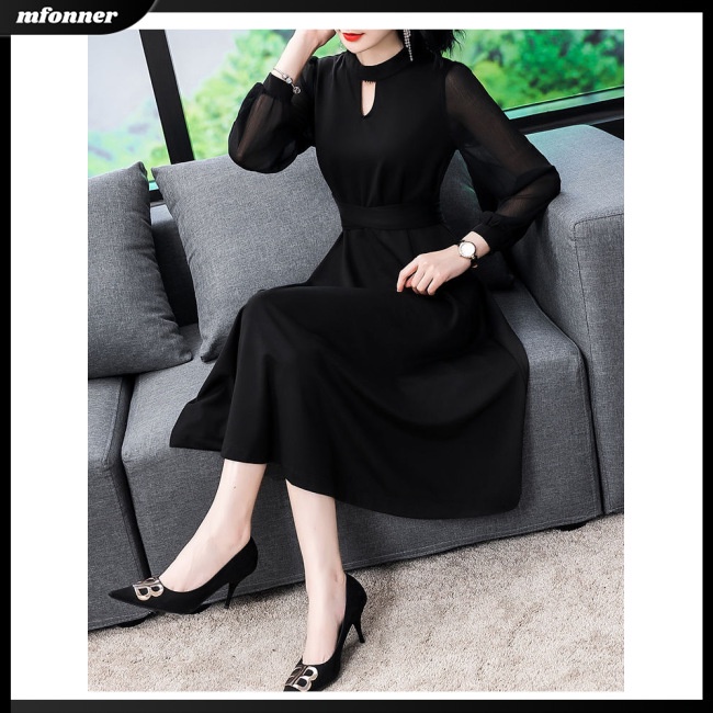 Đầm Chữ A Dài Tay Cổ Tròn Màu Trơn Thiết Kế Mỏng Xinh Xắn Thời Trang Dành Cho Nữ