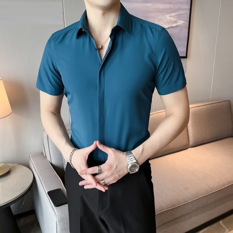 Áo Sơ Mi Trơn Tay Ngắn Dáng Ôm Cài Khuy Màu Xám / Xanh Lá / Xanh Dương / Đen / Trắng Kiểu Hàn Quốc Thời Trang Mùa Hè 2023 Cho Nam
