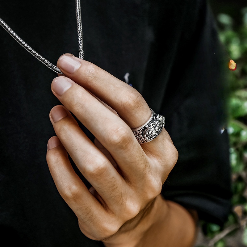 Nhẫn Hở Mạ Bạc Hoạ Tiết Pixiu Độc Đáo Phong Cách Retro Cho Nam Giới