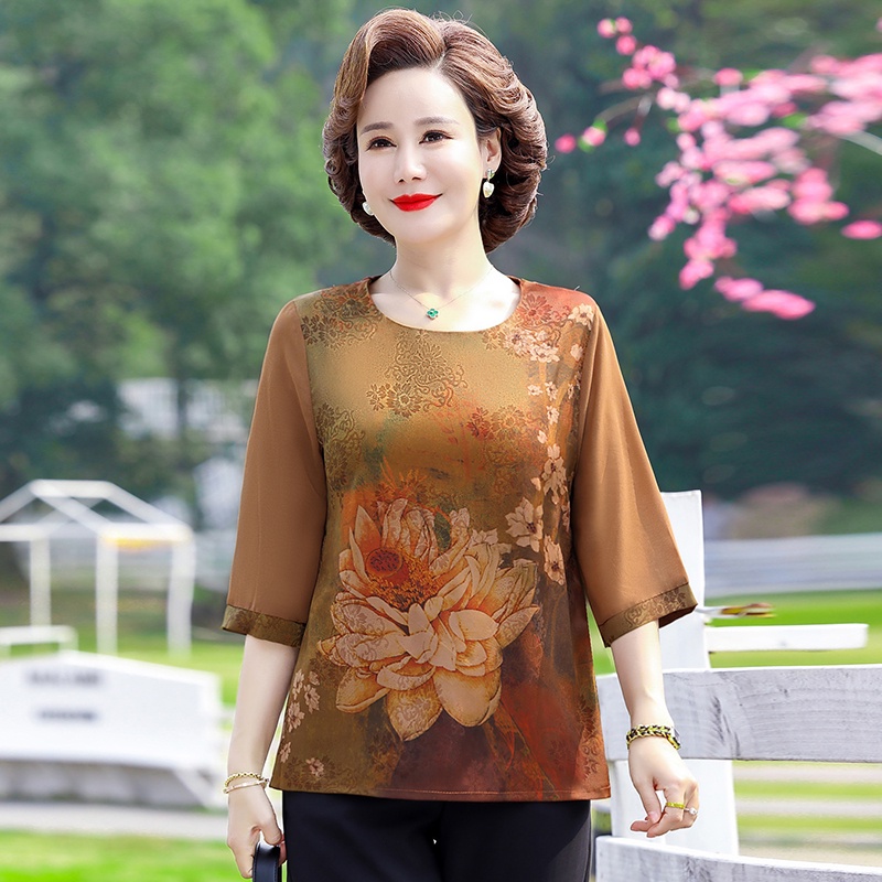 Áo Chiffon Cổ Tròn Tay Lửng Thời Trang Mùa Hè Cho Phụ Nữ Trung Niên