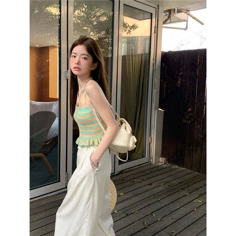 Áo Hai Dây Ôm Dáng Họa Tiết Kẻ Sọc Nhiều Màu Sắc Thời Trang Mùa Hè Hàn Quốc Cho Nữ