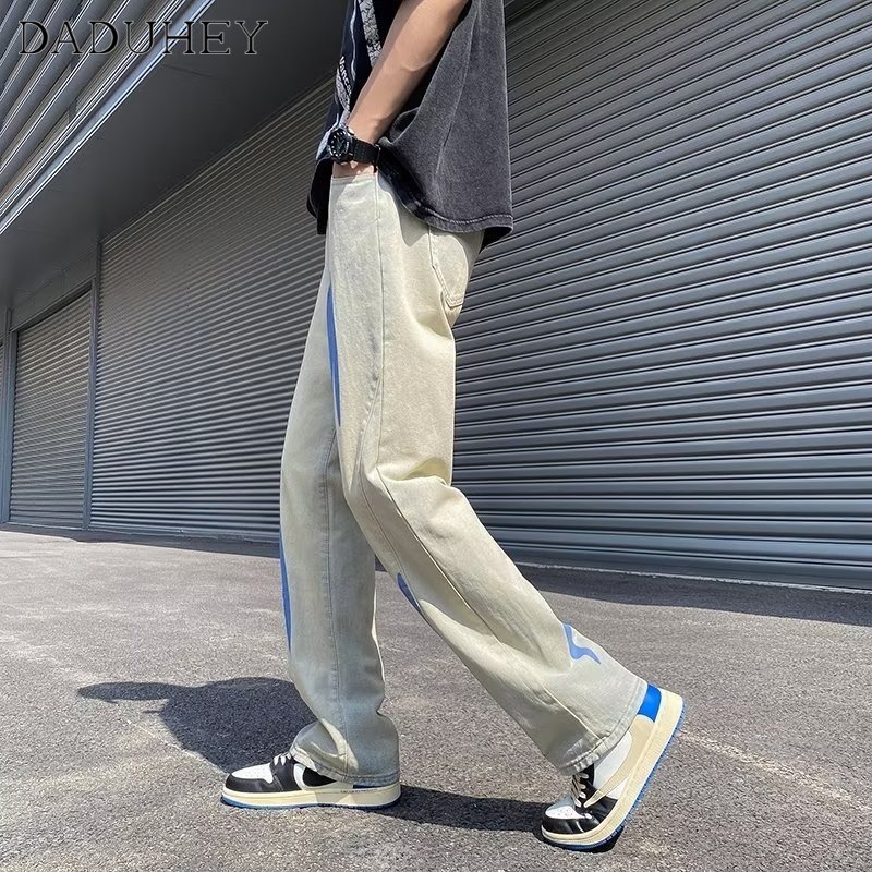 DaDuHey Men's 2023 New Summer Hong Kong Style Fashion Loose All-Matching Jeans Hip Hop Ins High Street Handsome Casual Pants