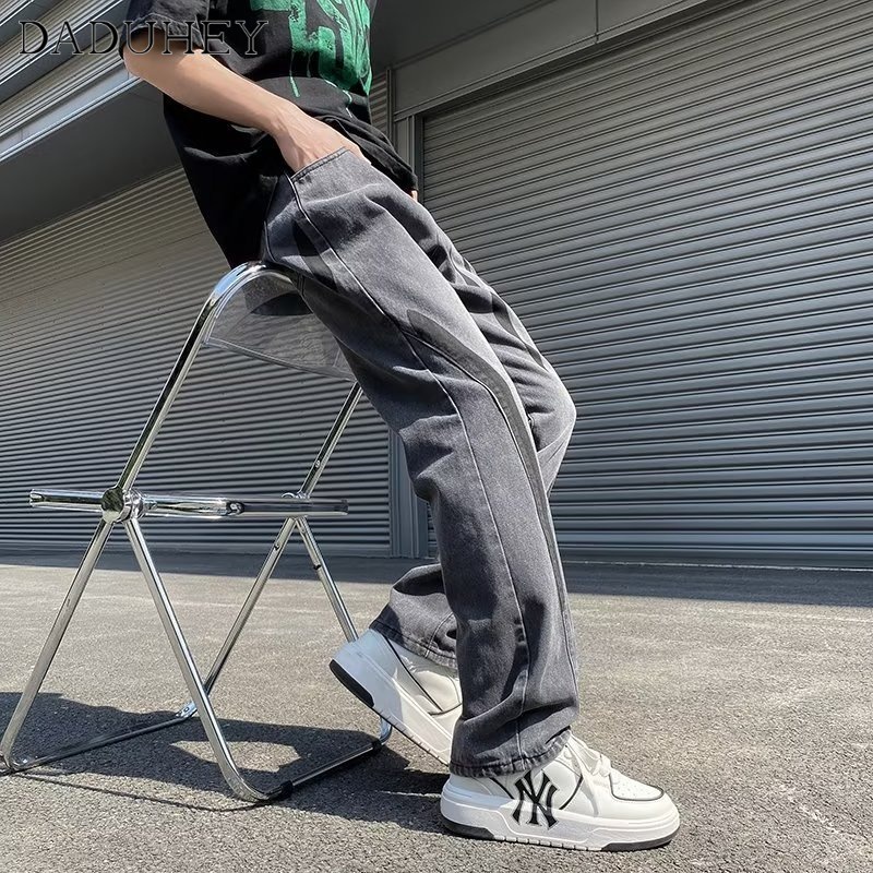 DaDuHey Men's 2023 New Summer Hong Kong Style Fashion Loose All-Matching Jeans Hip Hop Ins High Street Handsome Casual Pants