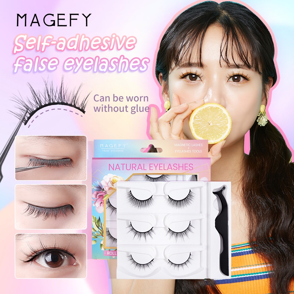 Bộ 3 Cặp Lông Mi Giả MAANGE Tự Dính Không Cần Keo Dán Uốn Cong Lông Mi Tự Nhiên Kèm Nhíp