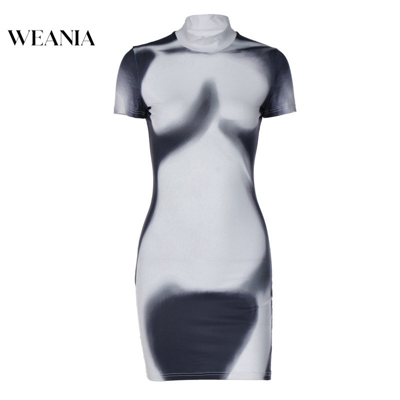 Đầm Ngắn Tay Cổ Cao In Họa Tiết 3d Gợi Cảm Dành Cho Nữ