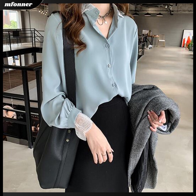 Áo Sơ Mi Voan Dài Tay Phối Ren Thanh Lịch Dành Cho Nữ