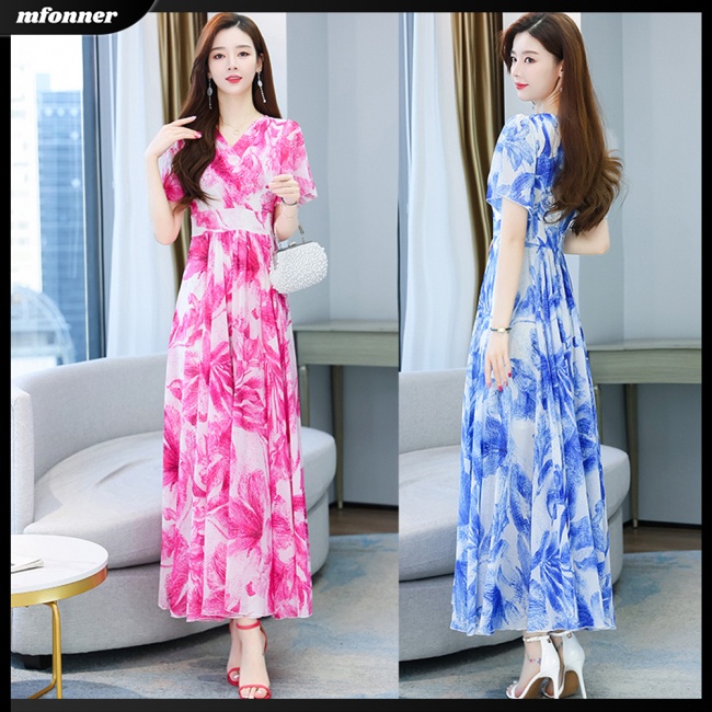 Đầm Hoa Tay Ngắn Cổ Chữ V Dáng Xòe Thời Trang Cho Nữ