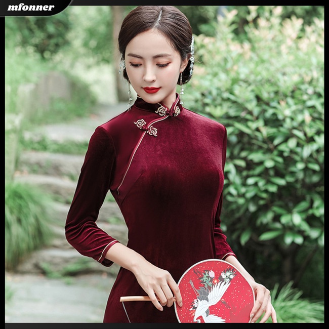 Đầm Sườn Xám Nhung Cổ Đứng Màu Trơn Dáng Ôm Kiểu Retro Thanh Lịch