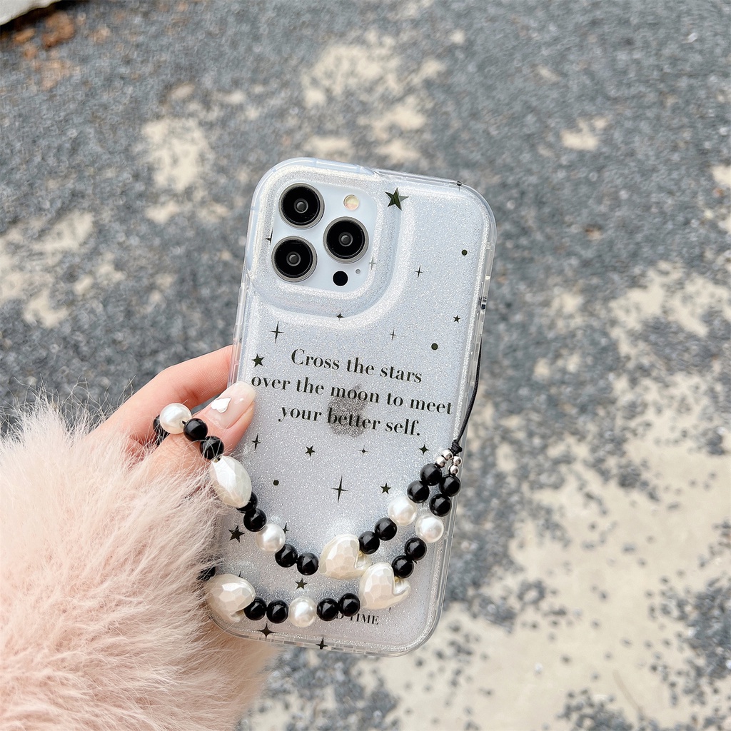 Ốp Điện Thoại Tpu Mềm Trong Suốt Hai Mặt Chống Sốc Phối Dây Xích Ngọc Trai Cho iphone 14Pro Max 13 12 11