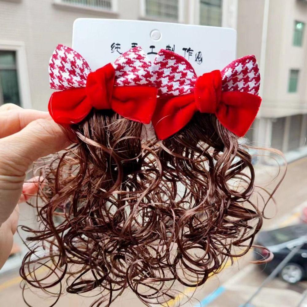 Kẹp Tóc Giả Mềm Mại Đính Nơ Màu Đỏ Tự Nhiên Dễ Thương Dành Cho Bé Gái