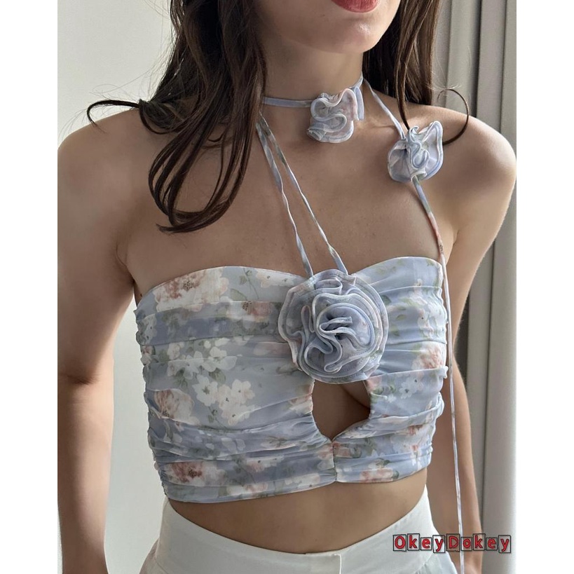 Áo Croptop Hai Dây Hở Lưng In Hoa Dành Cho Nữ