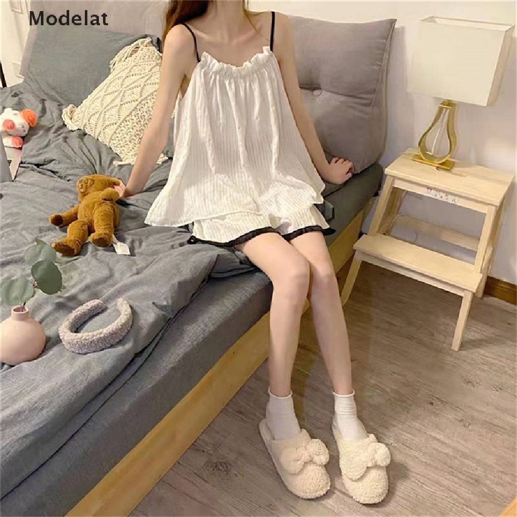 Bộ Đồ Ngủ 2 Mảnh Gồm Áo Hai Dây + Quần Short Thời Trang Mùa Hè Cho Nữ